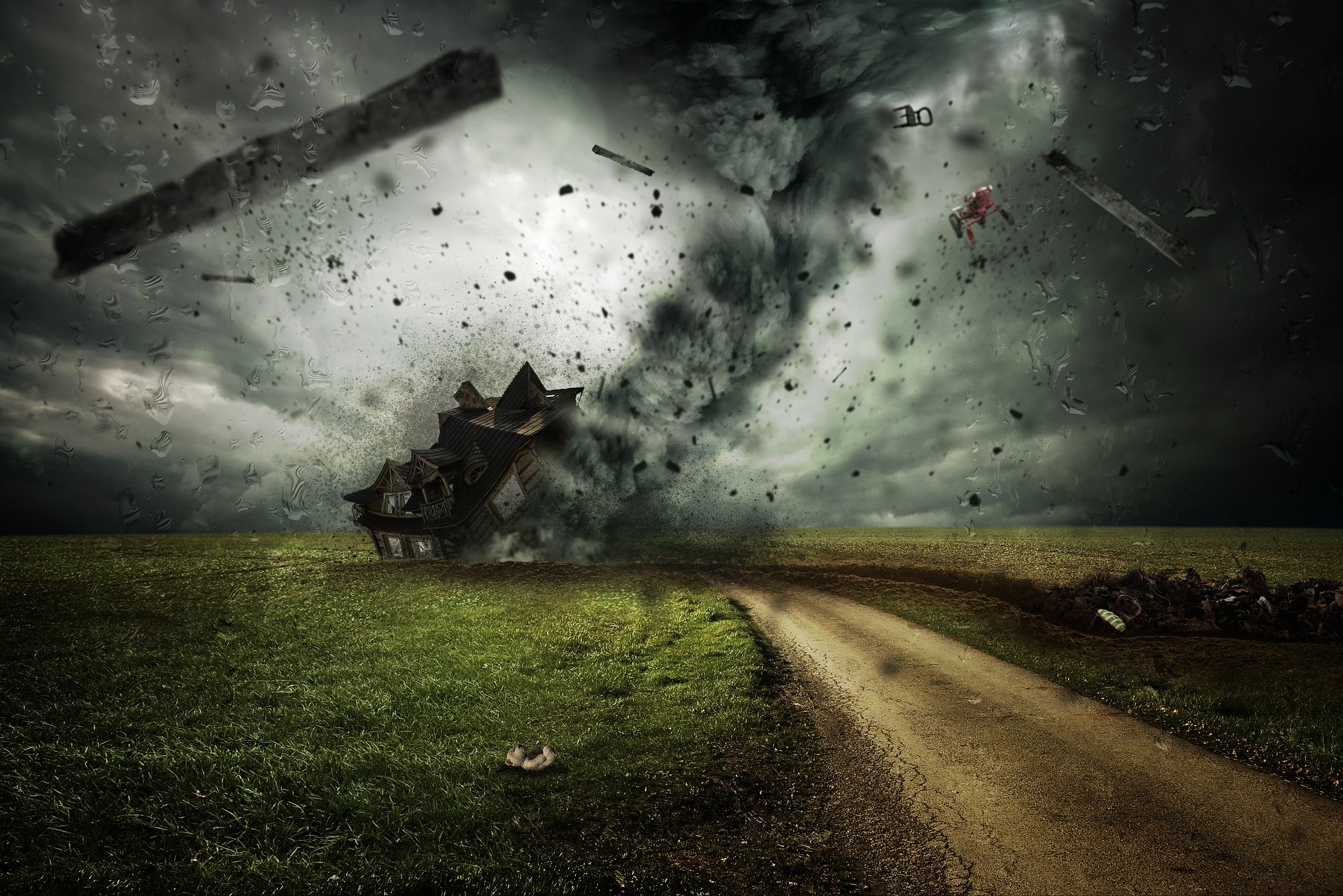 A powerful tornado is depicted in the image, tearing through a rural landscape. The tornado is lifting debris, including parts of a house, into the air. The house appears to be severely damaged and is being pulled into the tornado. The sky is dark and stormy, adding to the dramatic and chaotic scene. A dirt road runs through the foreground, leading towards the tornado. The overall atmosphere is one of destruction and intense weather.